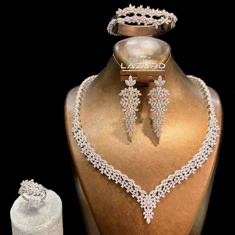 مجموعة مجوهرات الزفاف مارلين قلادة اسوارة خاتم مع أقراط طويلة