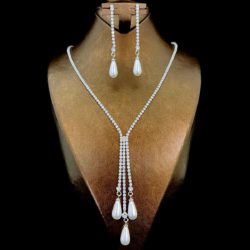 pearl wedding set Zircon stones and Water drop pearls necklace and earrings