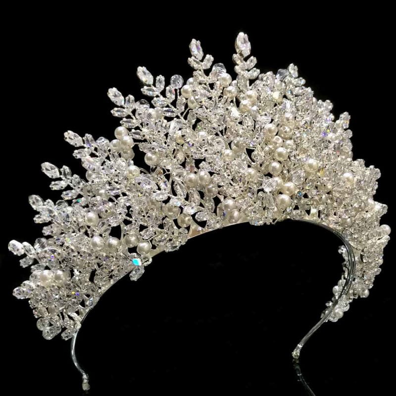 pearl crown wedding Harmoni Large zircon stones and clear beads side