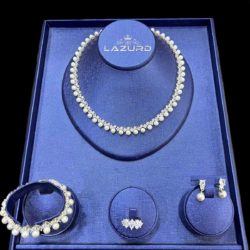 two rows of zircons and pearl wedding set Caroline model